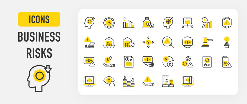 Set of Business risks vector stroke icons. such as Uncertainty, Money, View, Alert, Risk, Earthquake, Time Management, Fire, Alert, Recession, File, Shield, Deadline, Exchange, Low illustration.	
