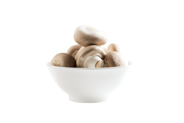 a bowl of mushrooms on a white background