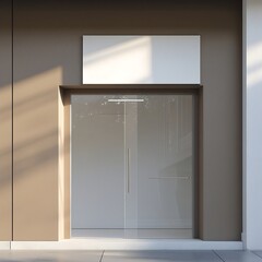 A professional photo of a Flat-design shoe shop front with a smooth taupe painted exterior, a single clear glass door with a minimalist metal frame, and a large blank white name board mounted above.