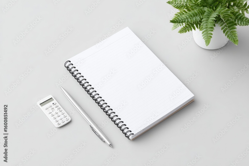 Poster stark clutter-free desk with neatly arranged auditor tools including calculator pen and notebook sym