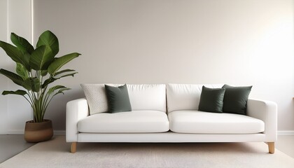 interior of living minimal style with white sofa and plant empty space for products presentation or text for advertising