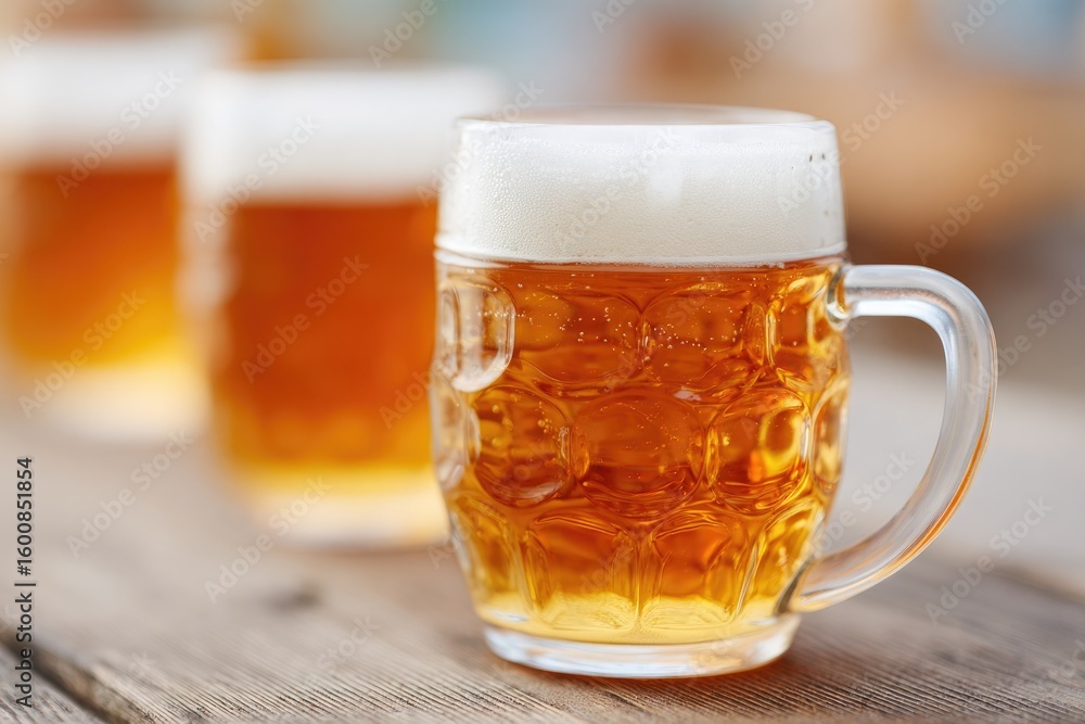 Poster array of beer steins on wooden table at oktoberfest with minimalistic design and generous copy space