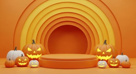 Spooky Halloween Pumpkin Stage Display with Festive Autumn Decorations