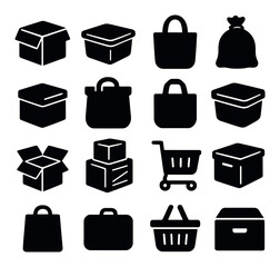 Storage silhouette icon set. containing box, bag, suitcase, package, basket, shopping cart, container, sack