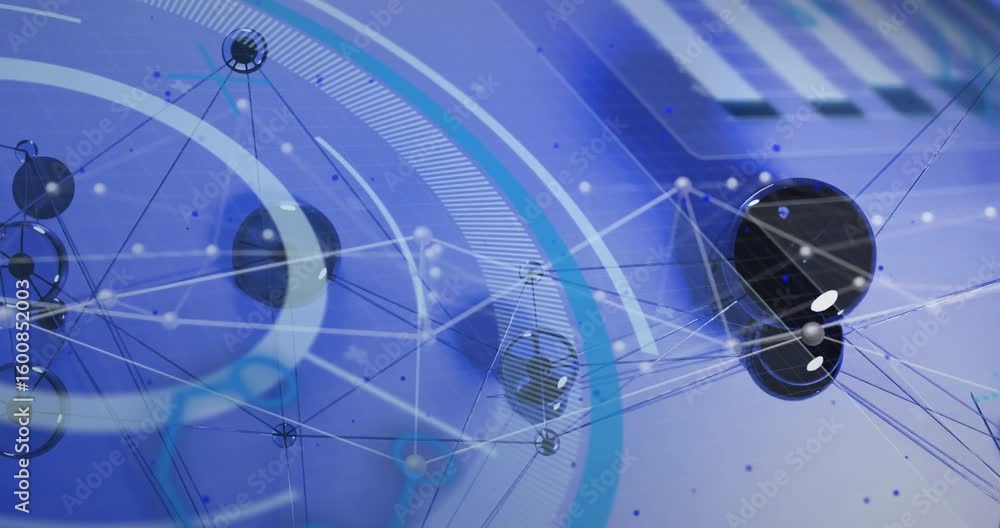 Poster on startup metal spheres shifting along lines while cyan arcs rotating visualizing network geometry