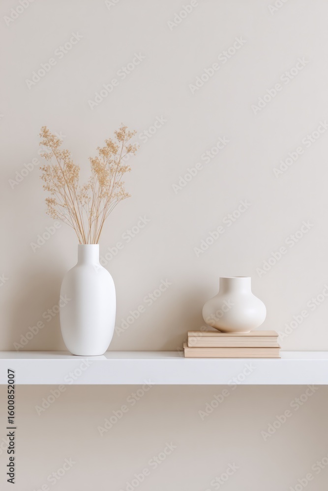 Poster open shelving unit adorned with minimalistic objects against plain wall