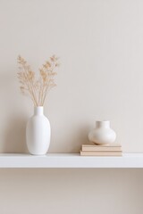 open shelving unit adorned with minimalistic objects against plain wall