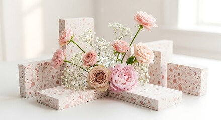 Elegant pink roses and white gypsophila arrangement on geometric terrazzo platforms, a modern floral display on a clean surface.