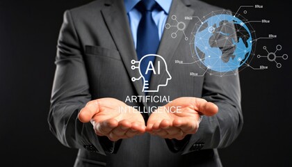 Businessman Presenting Artificial Intelligence (AI) and Global Network Technology Concept.The future of automation is a smart robot using machine learning, a futuristic innovation.