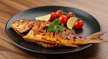 Deliciously Prepared Golden Fish Dish with Fresh Vegetables and Lime on Dark Plate, Food Photography.