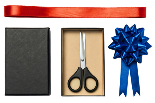 Grand opening ceremony set with scissors, red ribbon, and blue bow isolated with transparent background