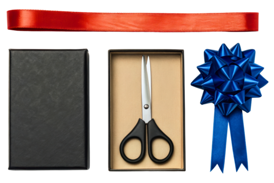 Grand opening ceremony set with scissors, red ribbon, and blue bow isolated with transparent background