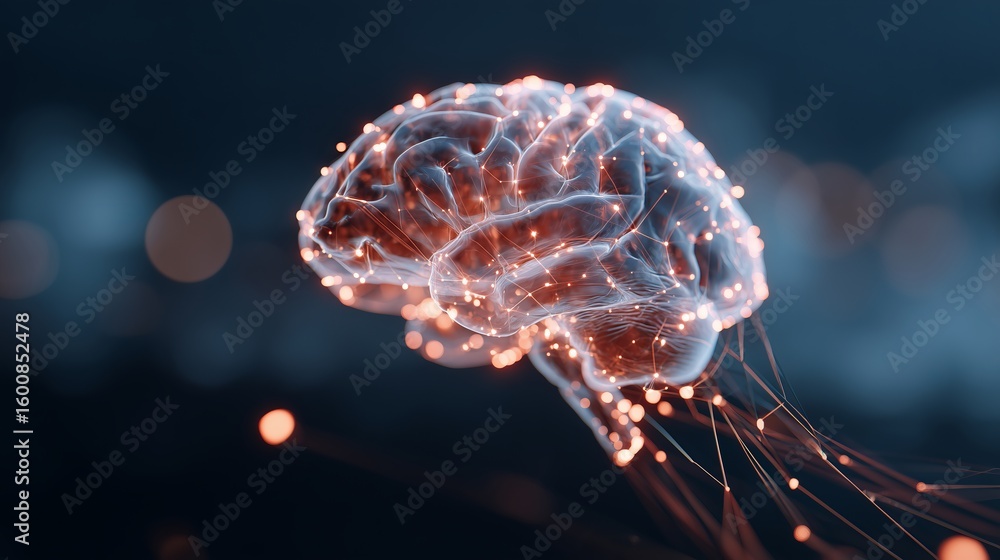 Poster abstract digital illustration of a human brain with glowing neural connections and particles, repres
