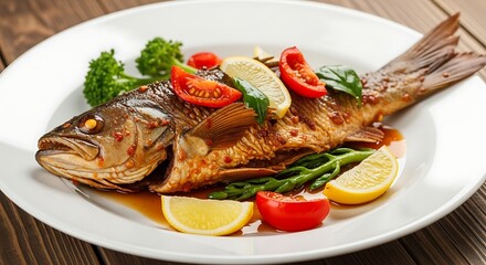 Delicious Plate of Prepared Whole Fish with Fresh Vegetables on a Rustic Wooden Surface Presentation.