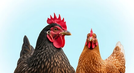 Two Farm Birds Close-Up Portrait with Detailed Plumage, Bright Red Comb, and Blue Sky Background Gaze.