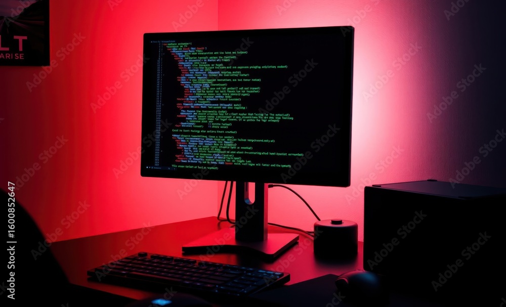 Fototapete a computer monitor displaying code on a desk with a keyboard and mouse vibrant rim light technology 