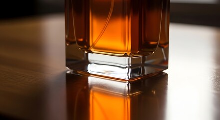 Elegant essence bottle on a polished surface, highlighting amber liquid and geometric design with reflections and soft light.
