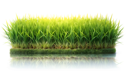 Patch of vibrant green grass with reflection on transparent background