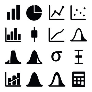 Data analysis silhouette icon set: bar chart, pie chart, line graph, scatter plot, histogram, sigma, calculator