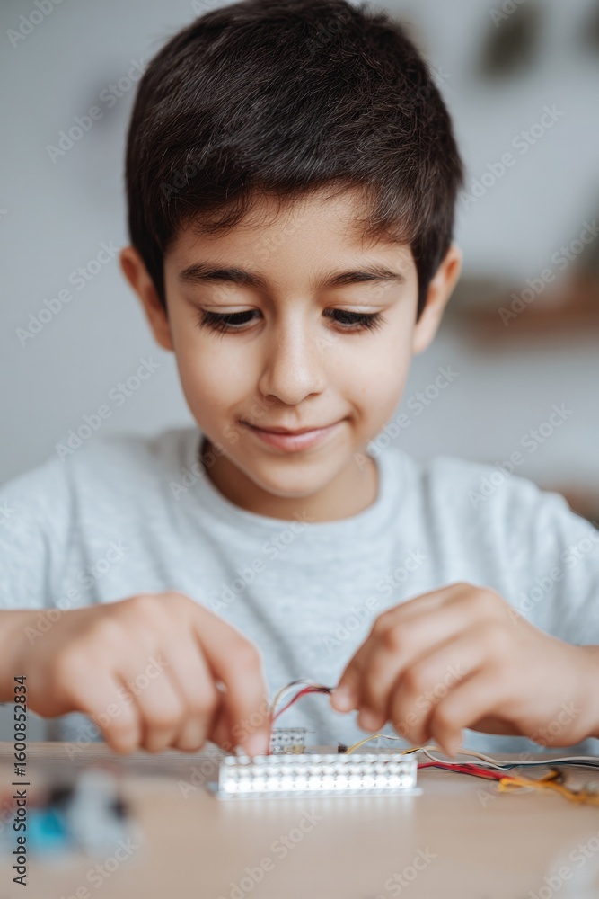 Poster close-up of middle eastern boy connecting wires on breadboard for electronics project soft backgroun
