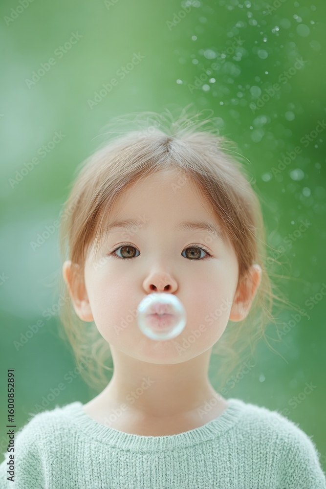 Poster close-up of mixed-race child blowing bubbles background of soft green bokeh and sunlight