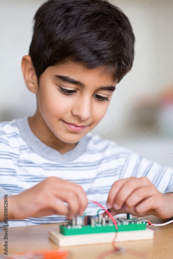 Poster close-up of middle eastern boy connecting wires on breadboard for electronics project soft backgroun