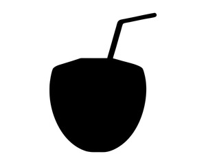 Black silhouette of a coconut drink with a straw on a white background