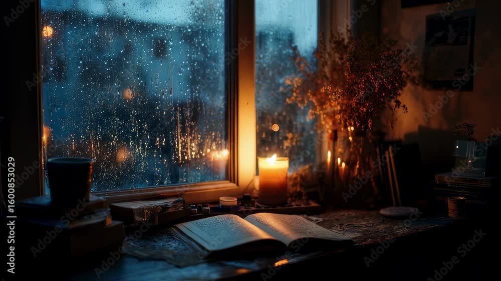 Poster intimate and moody workspace scene characterized by a rainspeckled window and a softly flickering ca