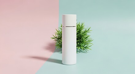 Minimalist White Container on Split Pastel Background with Plant, Perfect for Presentation Mockups.