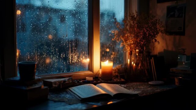 Intimate and moody workspace scene characterized by a rainspeckled window and a softly flickering candle. The gentle glow and sound of the rainfall meld together to foster a calming