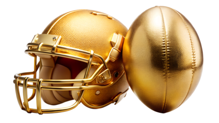 Golden Football Helmet and Ball Still Life on Transparent Background