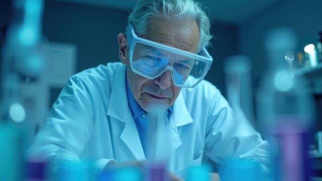old scientist in protective safety glasses and white lab coat conducting research with test tubes