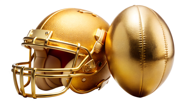 Golden Football Helmet and Ball Still Life on Transparent Background