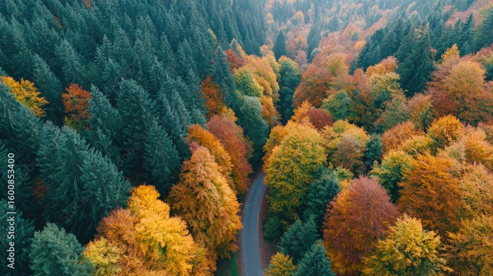 Aufkleber drone aerial view of colorful autumn forest with orange and red treetops winding path with copy spac