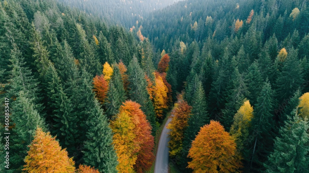 Aufkleber drone aerial view of colorful autumn forest with orange and red treetops winding path with copy spac