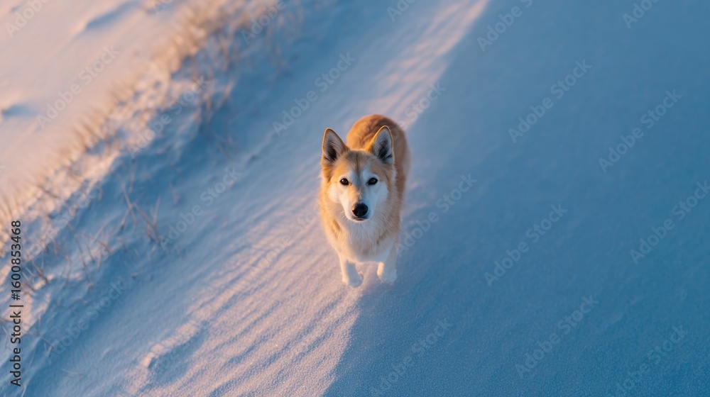Poster drone top-down view of dog running across sand dunes with shadow trailing wide space around