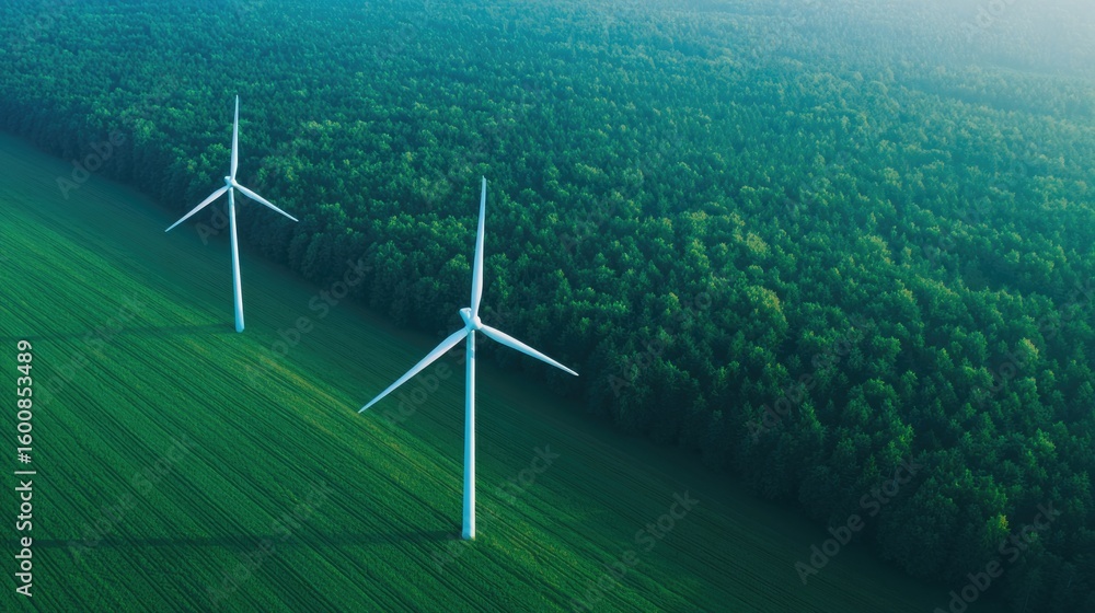 Aufkleber drone top-down view of large wind turbines casting long shadows across green field symmetry and copy