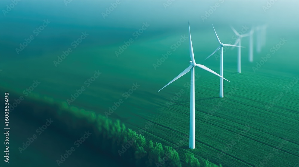 Aufkleber drone top-down view of large wind turbines casting long shadows across green field symmetry and copy