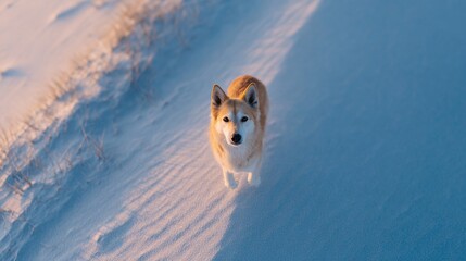 drone top-down view of dog running across sand dunes with shadow trailing wide space around