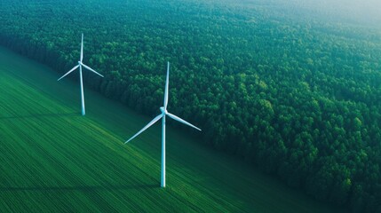 drone top-down view of large wind turbines casting long shadows across green field symmetry and copy space