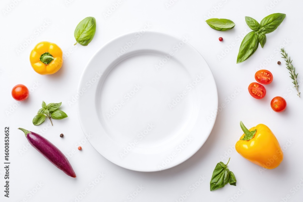 Poster flat lay of colorful raw ingredients around empty plate on white table copy space in center
