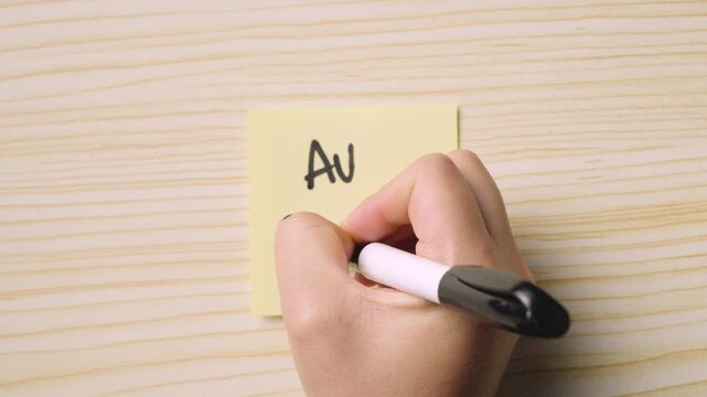 Hand writing the French farewell "Au Revoir!" on a yellow sticky note with a smiley face drawn underneath.