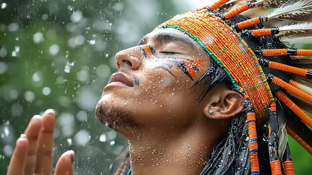 Native American man in feathered headdress, rain.