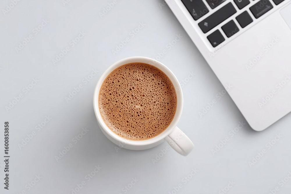 Poster flat lay of laptop showing python code coffee mug and notebook on clean desk copy space to left