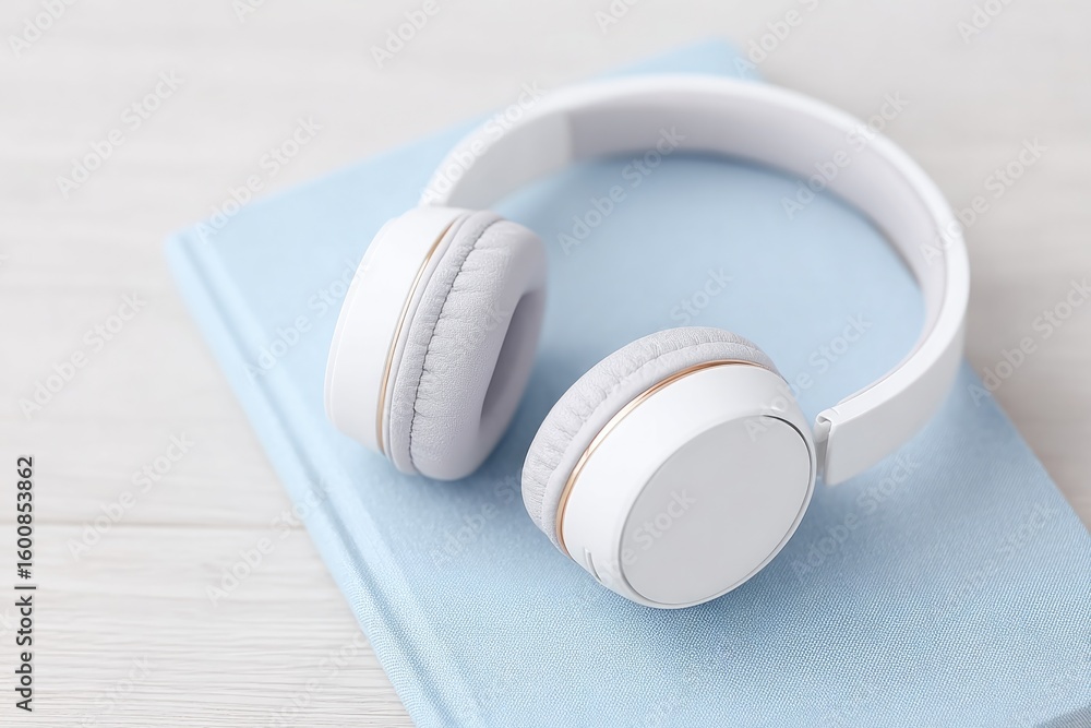 Poster flat lay of language learning notebook headphones and mobile app on white desk with copy space to ri