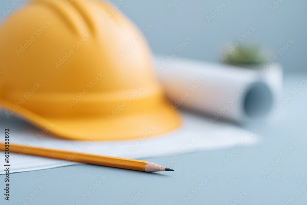 Poster flat lay of measuring tape pencil and blueprint corner on clean desk with large copy space
