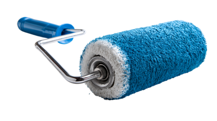Blue paint roller with metal handle ready to paint