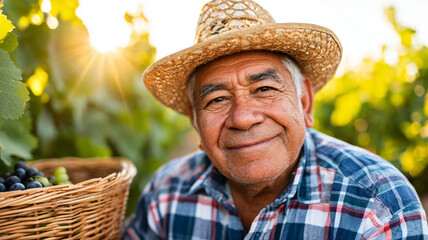 A man in a straw hat and grapes in a wicker basket.