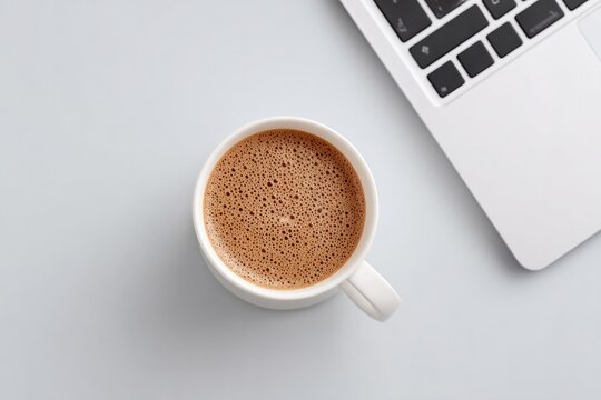 flat lay of laptop showing python code coffee mug and notebook on clean desk copy space to left