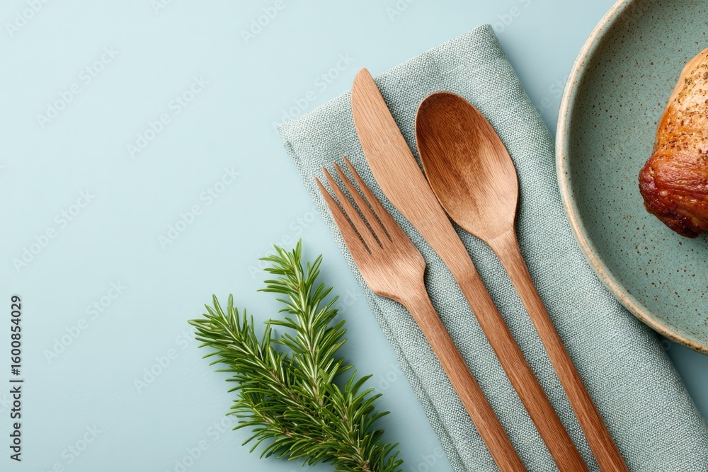 Poster flat lay of table with cutlery candles and roast chicken dish placed neatly with copy space above